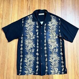 Tommy Bahama Shirt Mens Medium Black Floral Hawaiian 100% Silk Button